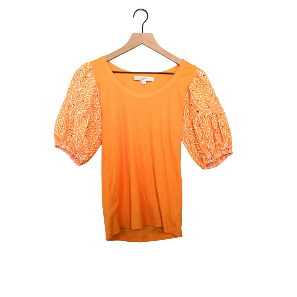 Loft orange ribbed top embroidered puff sleeves small